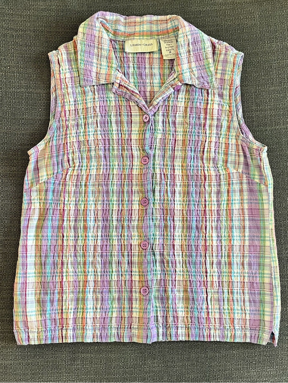 Vintage Lemon Grass Pastel Plaid Crinkle Cottagecore Tank